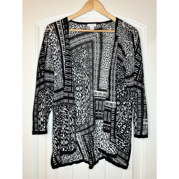 Chicos Lightweight Sweater Cardigan Sz 3 Black And White Animal Print - Picture 1 of 8